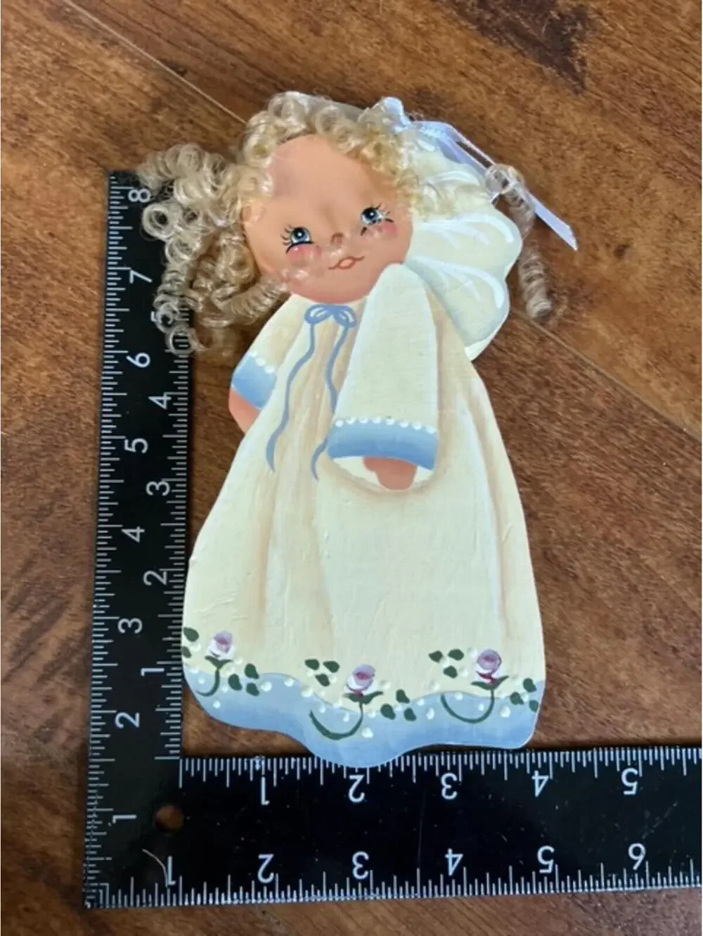 Hand Painted Wooden Angel Figurine with Curly Hair